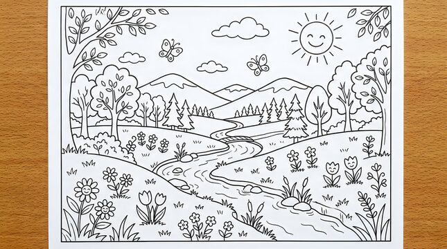 Hand drawn landscape with trees mountains and sun illustration vector
