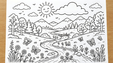 Fototapeta premium Colorful vector illustration of a smiling sun and happy children playing in a park with trees and clouds