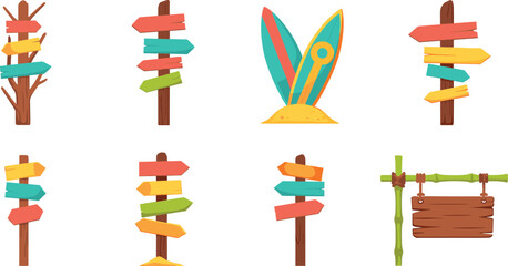 PrintTropical beach wooden direction signpost set with blank colorful arrow boards, surfboards in sand, and blank hanging bamboo frame banner vector illustration © MdMahfizur