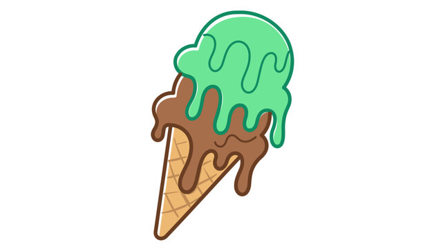 Double scoop ice cream cone vector illustration with melting mint and chocolate. Features editable stroke, adjustable stroke, customizable, stroke weight, line weight, editable, thin line, stroke.
