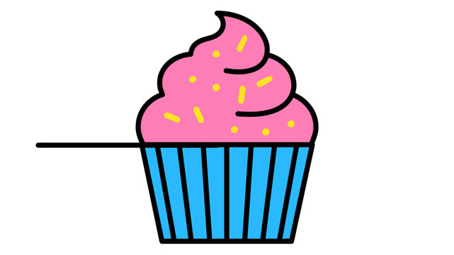 Artistic chilled dairy treat emblem featuring a rosy whorl topping and golden jimmies in a cerulean bowl. High-quality linear graphic with modifiable paths and scalable border weights.