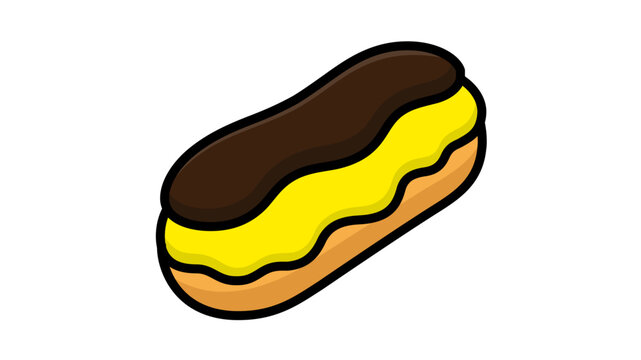 Classic French oblong pastry with fudge glaze vector icon. This culinary graphic features modifiable border thickness and customizable path weights for professional bakery branding.