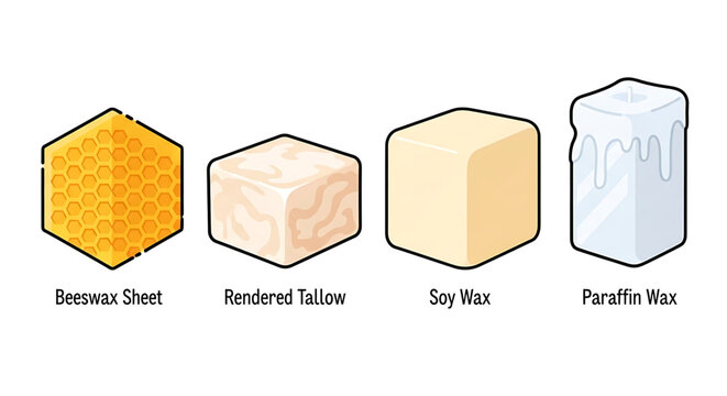 Set of different types of candle wax materials including beeswax, tallow, soy, and paraffin