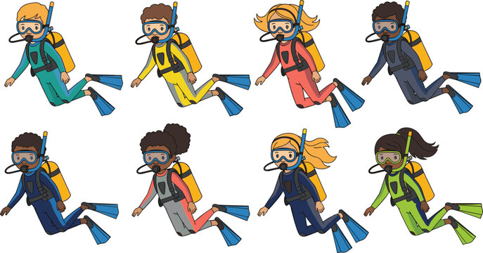 Scuba diving kids cartoon character set with diverse children swimming underwater wearing colorful wetsuits oxygen tanks masks snorkels and flippers vector illustration