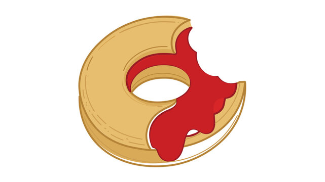 Colorful jelly filled donut vector illustration with red jam glaze and bite mark, featuring an editable stroke, adjustable stroke weight, customizable line width, and thin line style.