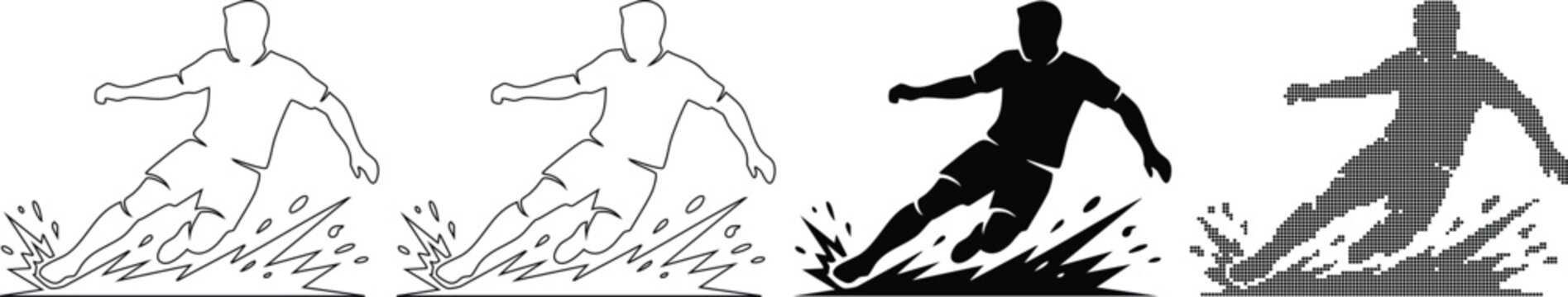 Action soccer player sliding tackle illustration in four graphic styles with water splash effects for sports design.