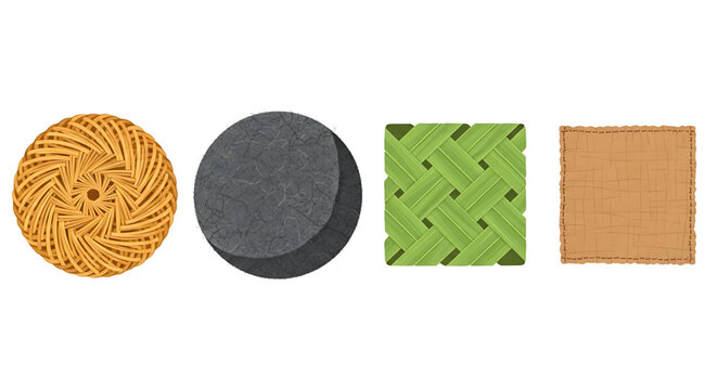 Set of four different textures including woven rattan, dark stone, green palm leaf weave, and beige fabric