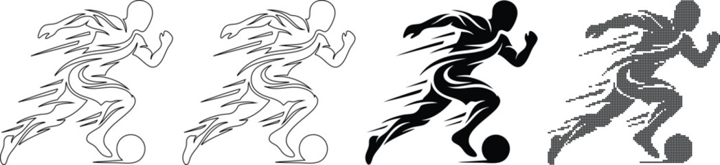 Obraz premium Dynamic soccer player running with ball depicted in outline solid and halftone dot styles isolated on gray background.