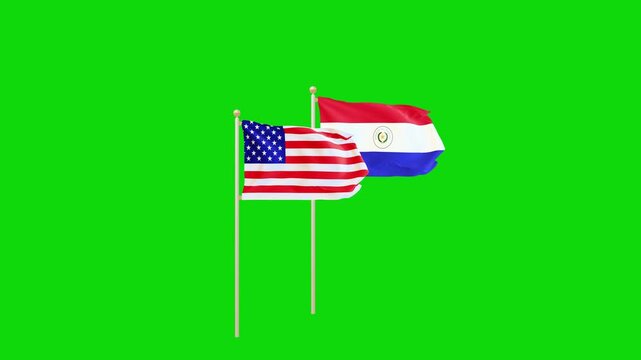 Realistic 3D Animation of USA and Paraguay National Flags with Metallic Stand.