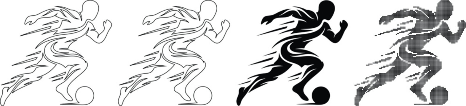 Dynamic soccer player running with ball depicted in outline solid and halftone dot styles isolated on gray background.