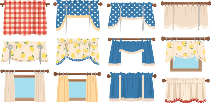 Rustic kitchen window curtains and short cafe valances set with checkered polka dot lemon patterns rustic wooden rods textile home decor vector illustration