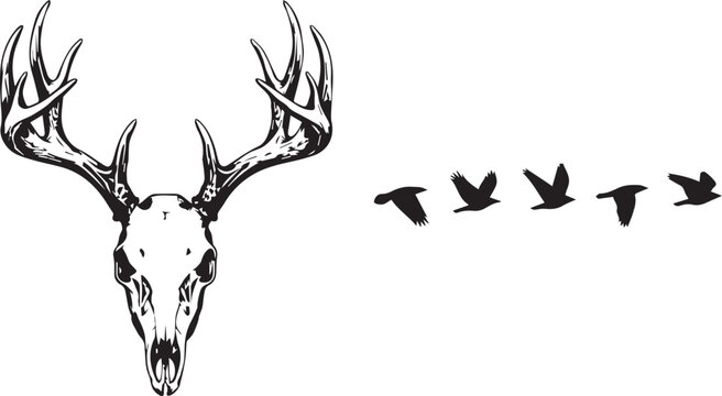 Detailed deer skull with large antlers next to a small flock of flying bird silhouettes isolated on white background