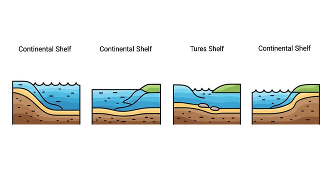 Set of four different continental shelf crosssection diagrams showing underwater topography and coastal landforms