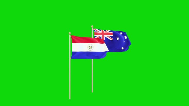 Realistic 3D Animation of Paraguay and Australia National Flags with Metallic Stand.