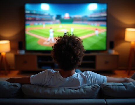 Person with curly hair watches baseball game on large TV screen. Relaxing on sofa in dimly lit living room enjoying sports broadcast. Casual evening at home.