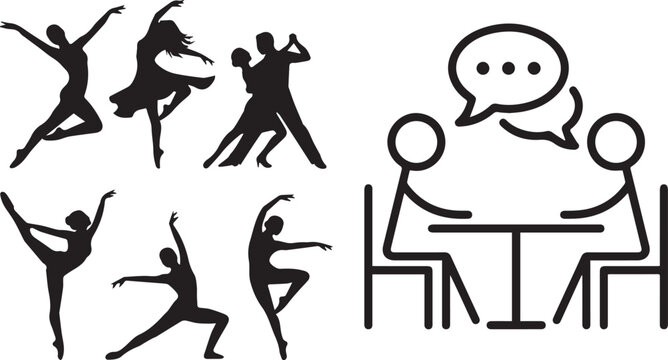 Dancers silhouettes set with modern ballet poses and stick figures sitting at a table talking isolated on white background