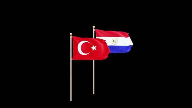 Turkey vs Paraguay 3D Flags Waving on Stand Bar for Football 2026. Realistic 3D Animation of Turkey and Paraguay National Flags with Metallic Stand.