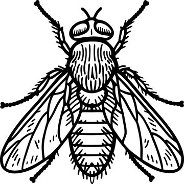 Detailed line drawing of a common housefly with distinctive wings and body patterns
