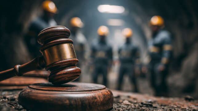 Gavel on Desk in Underground Tunnel with Miners Working in Safety Gear and Hard Hats