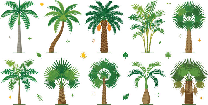 Palm Tree Vector Collection with Tropical Coconut Palms, Exotic Island Plants, and Botanical Nature Illustrations for Summer Landscape Designs