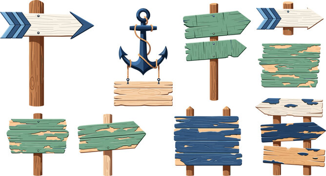 Nautical style weathered wooden signpost collection featuring rustic blue and green arrow boards, peeling paint, textured textures, and beach anchor hanging banner vector illustration