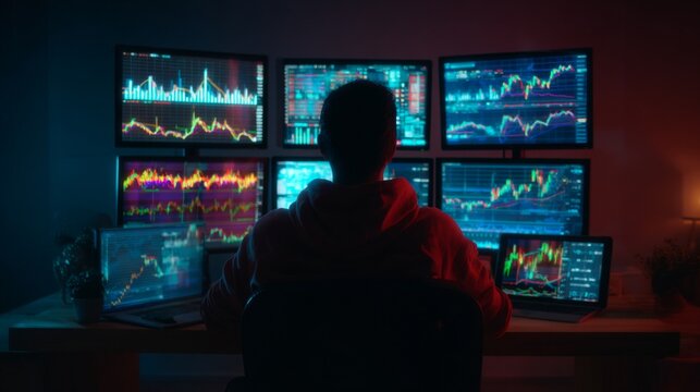 Trader Analyzing Multiple Crypto Charts on Multiple Monitors with Colorful Data Visualizations in a Dark Room