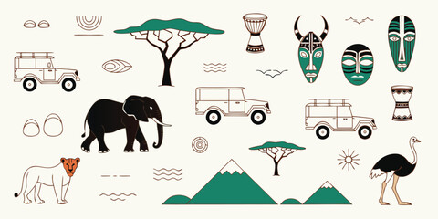 African safari elements set with green acacia trees and animals © Sadhin07
