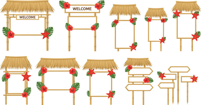Tropical bamboo frame gate set with straw thatched roof blank welcome signs hibiscus flowers starfish monstera leaves exotic beach bar resort vector illustration