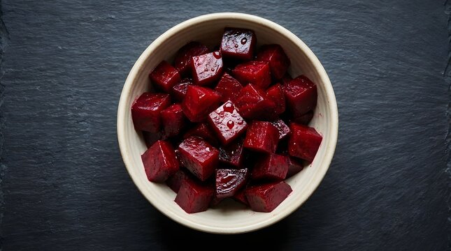 Bowl filled with diced roasted beet cubes isolated on dark grey textured stone background.