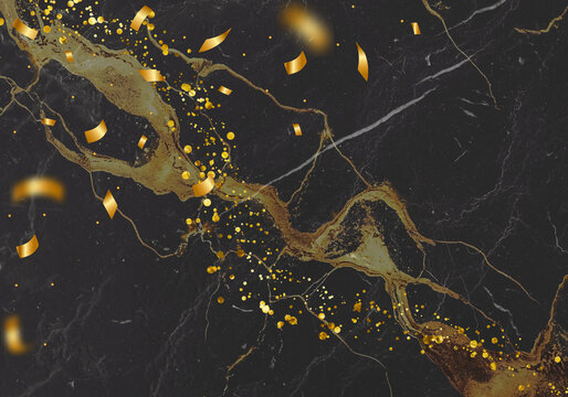Fondo abstracto de m&aacute;rmol negro con textura texturizada, grieta diagonal de oro l&iacute;quido y destellos de pan de oro flotando.
