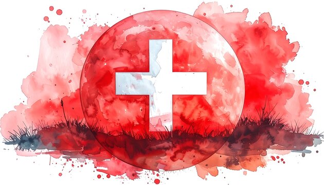 Watercolor art featuring a white cross on a red sphere, amidst vibrant red splashes and shadowy grass