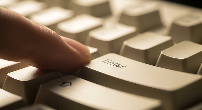 Finger hitting the enter button on a classic mechanical keyboard with sharp focus and warm tones. Macro shot highlights the moment of confirmation. Ideal for IT and web dev marketing.