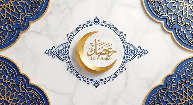 Islamic crescent moon design with Arabic calligraphy on marble background