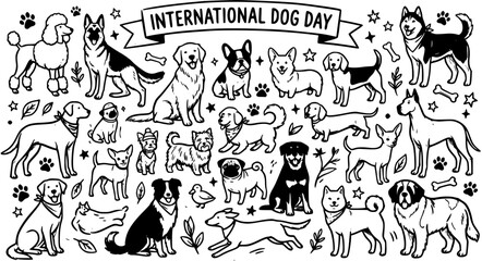 International Dog Day Black and White Line Art Collection of Diverse Dog Breeds. Hand-drawn Outline Doodle for Pet Care and Animal Celebration. © evalova