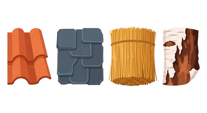 Set of different roofing materials including clay tiles, slate shingles, straw thatch, and wooden bark shingles
