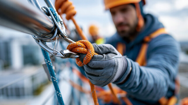 Professional fall arrest safety training on a rooftop with a worker harness as an instructor checks equipment for risk prevention
