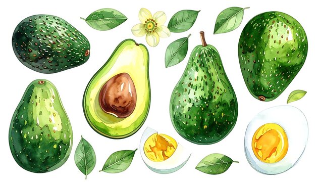 Watercolor avocados, sliced and whole, with leaves and flowers, plus sliced hard boiled egg on a white backdrop