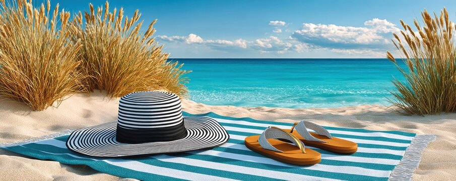 Striped beach towel with sun hat and flip flops on a turquoise ocean shore
