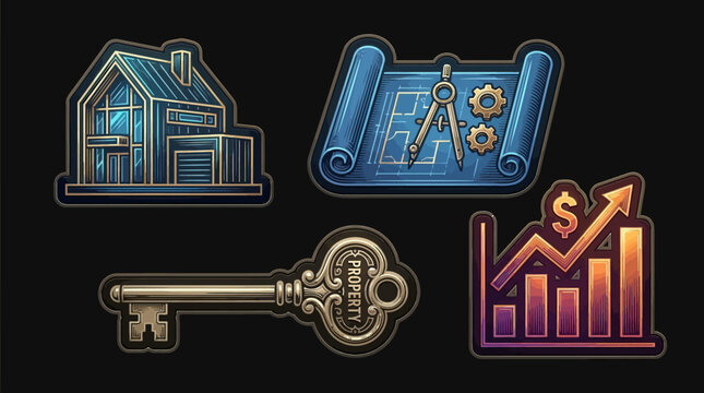 Business innovation doodle stickers show vintage house keys and growth charts