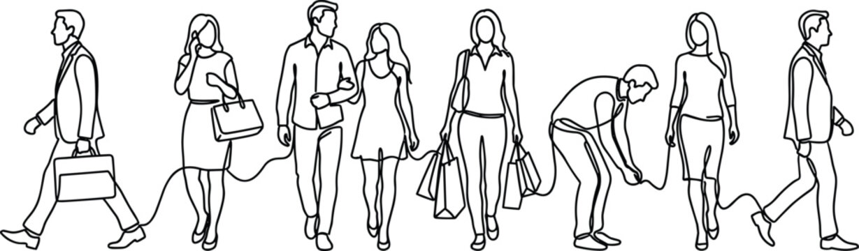 Black and white line of seven people in different poses and outfits line people fashion
