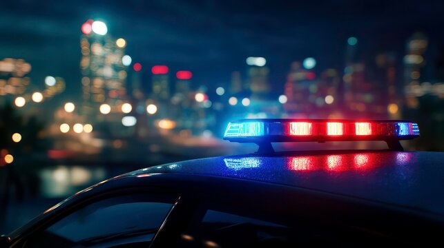 Blue and red light flasher atop of a police car. City lights on the background