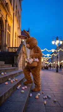 Person in a bunny costume holds a basket of pastel eggs on a city street at dusk, festive lights glow along historic buildings, playful holiday mood