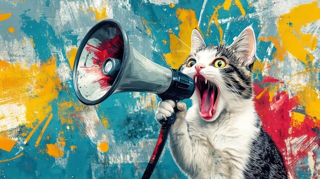 Art collage. A crazy cat with a megaphone. Promotion, action, ad, job questions, discussion. Vacancy. Business concept, communication, generative ai. information, news, boss, team media relations.