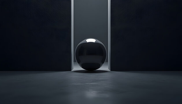 Glossy black metallic sphere roll between two dark walls into a narrow gap opening. Minimalist abstract 3D render concept of obstacle, path, choice or industrial background.