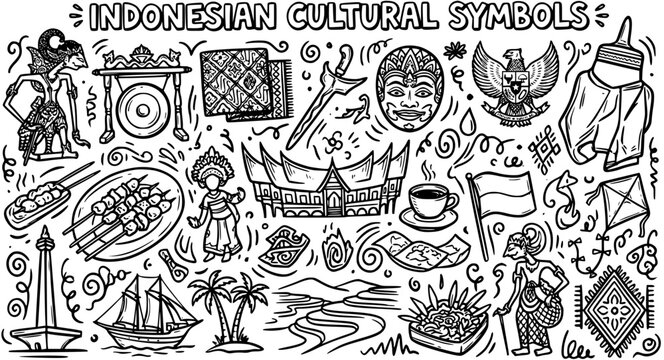 Indonesian Cultural Symbols Hand-drawn Doodle Line Art Set. Traditional icons, landmarks, food, and heritage elements of Indonesia in black and white.