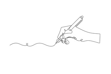 Obraz premium Hand holding a pen writing a continuous line for a creative minimalist concept 