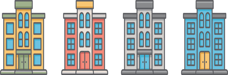 Naklejka premium Colorful set of four tall city buildings skyscrapers vector illustration