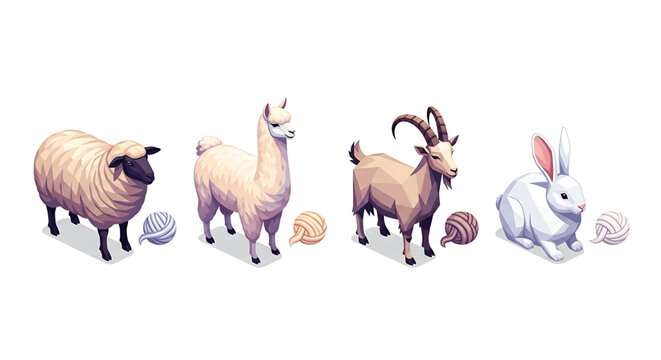 Set of farm animals including sheep, llama, goat, and rabbit with yarn balls