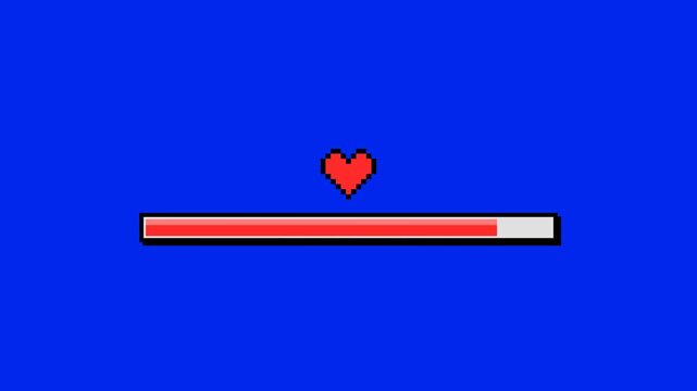 Pixel heart and loading bar on blue screen, retro game interface, digital progress meter, web upload status