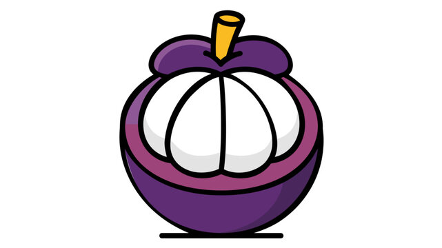 Divided mangosteen showing snow-white cloves and an aubergine rind. Artistic Southeast Asian delicacy graphic for exotic produce guides and nutritional charts.